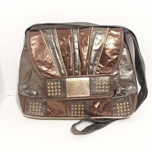 Vintage 80s Leather Metallic Crossbody Shoulder Bag Purse 11" x 8", GUC, Studded